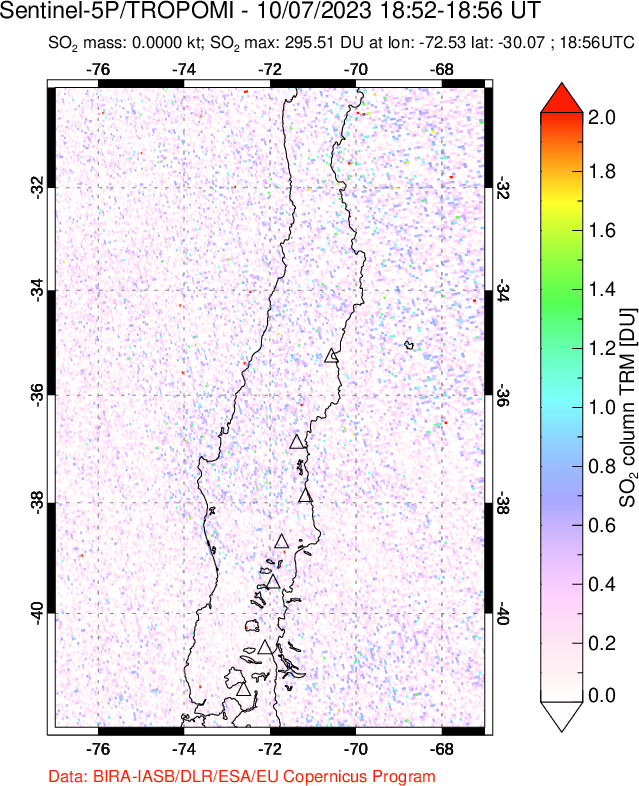 A sulfur dioxide image over Central Chile on Oct 07, 2023.