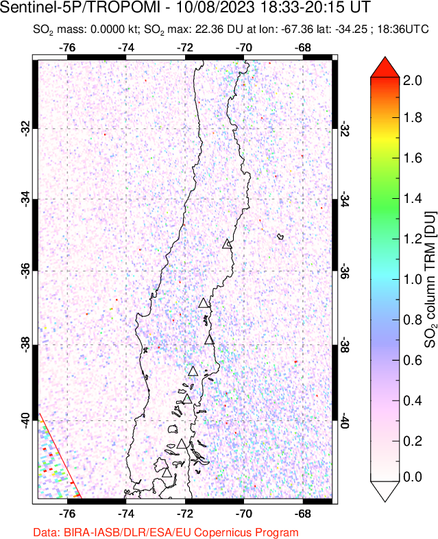 A sulfur dioxide image over Central Chile on Oct 08, 2023.