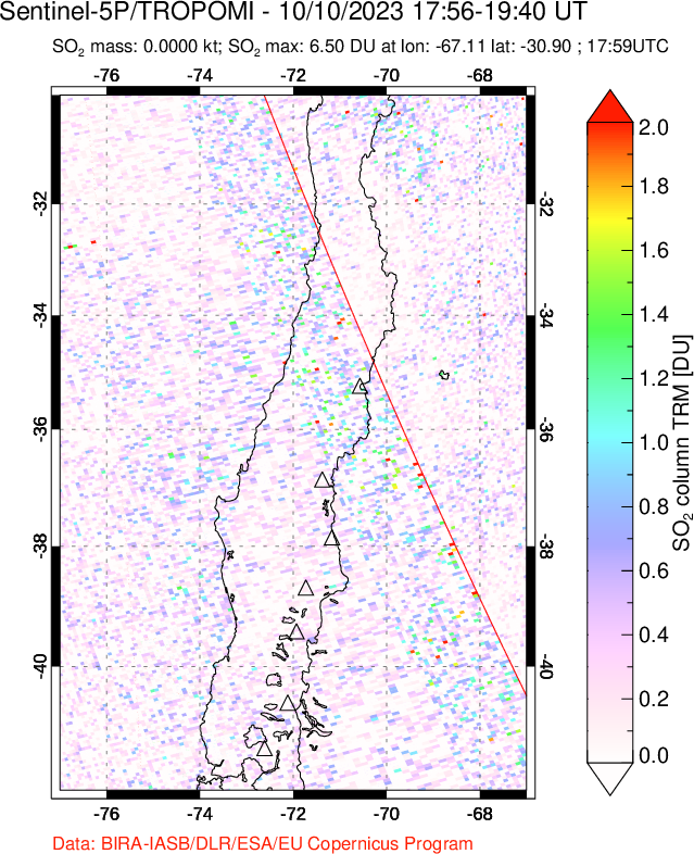 A sulfur dioxide image over Central Chile on Oct 10, 2023.