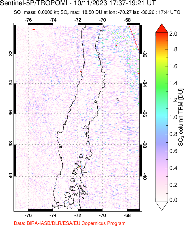 A sulfur dioxide image over Central Chile on Oct 11, 2023.