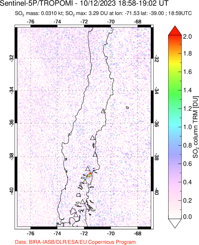 A sulfur dioxide image over Central Chile on Oct 12, 2023.