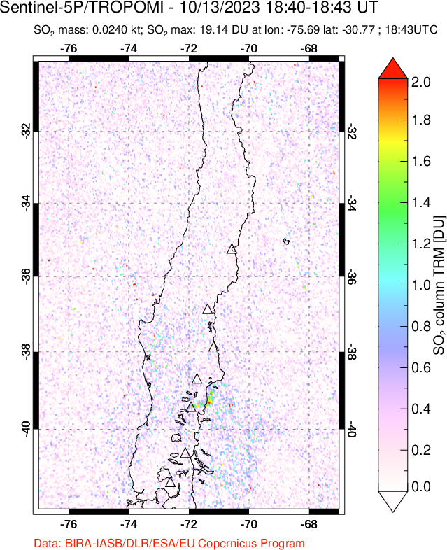 A sulfur dioxide image over Central Chile on Oct 13, 2023.