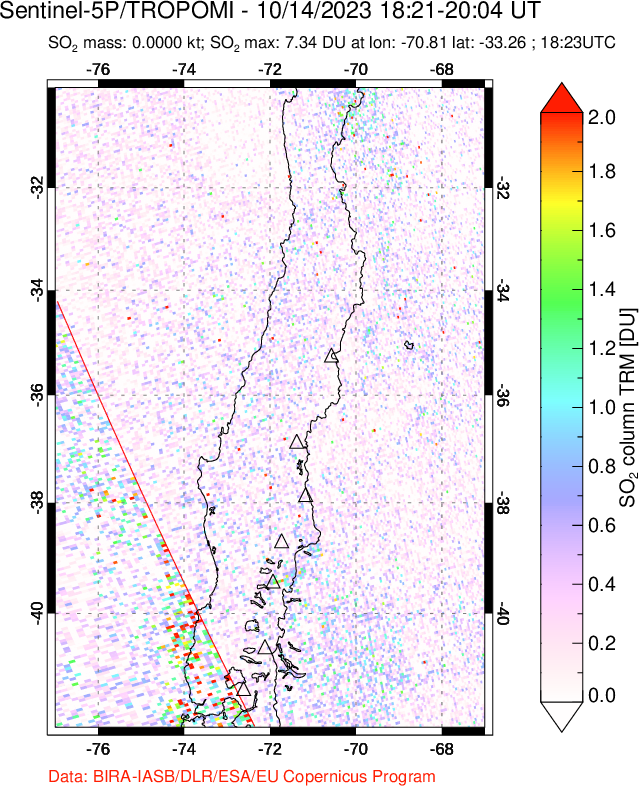 A sulfur dioxide image over Central Chile on Oct 14, 2023.