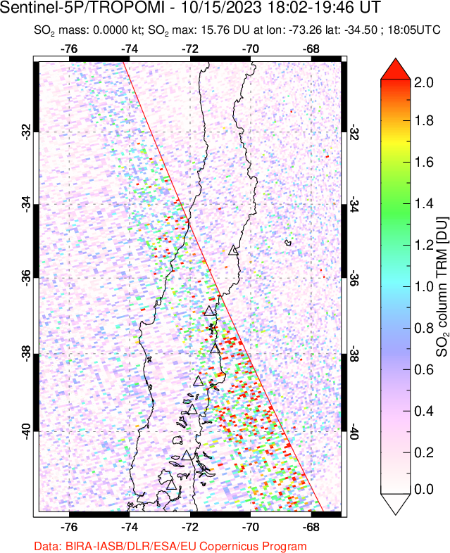 A sulfur dioxide image over Central Chile on Oct 15, 2023.