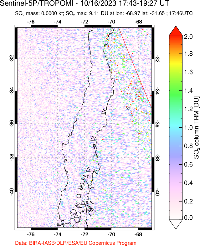 A sulfur dioxide image over Central Chile on Oct 16, 2023.