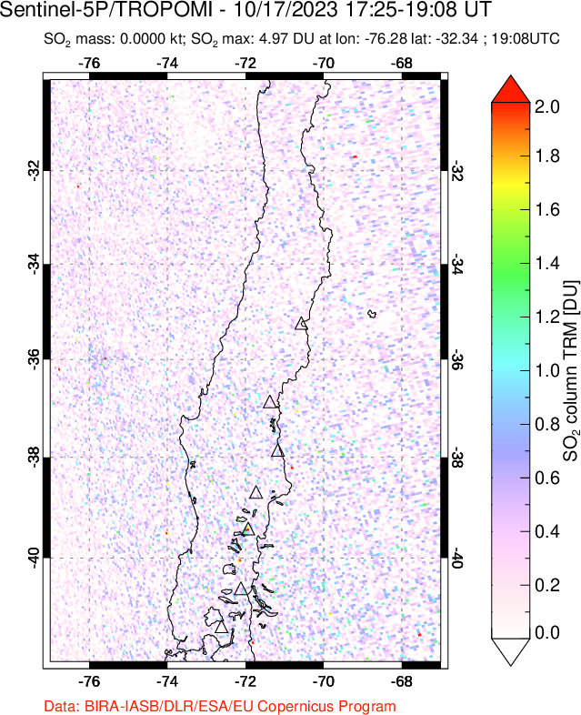 A sulfur dioxide image over Central Chile on Oct 17, 2023.