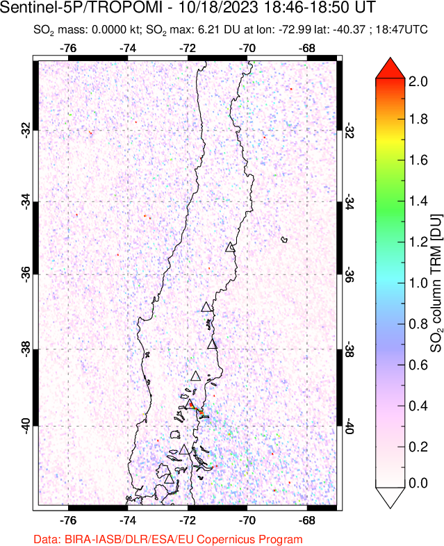 A sulfur dioxide image over Central Chile on Oct 18, 2023.