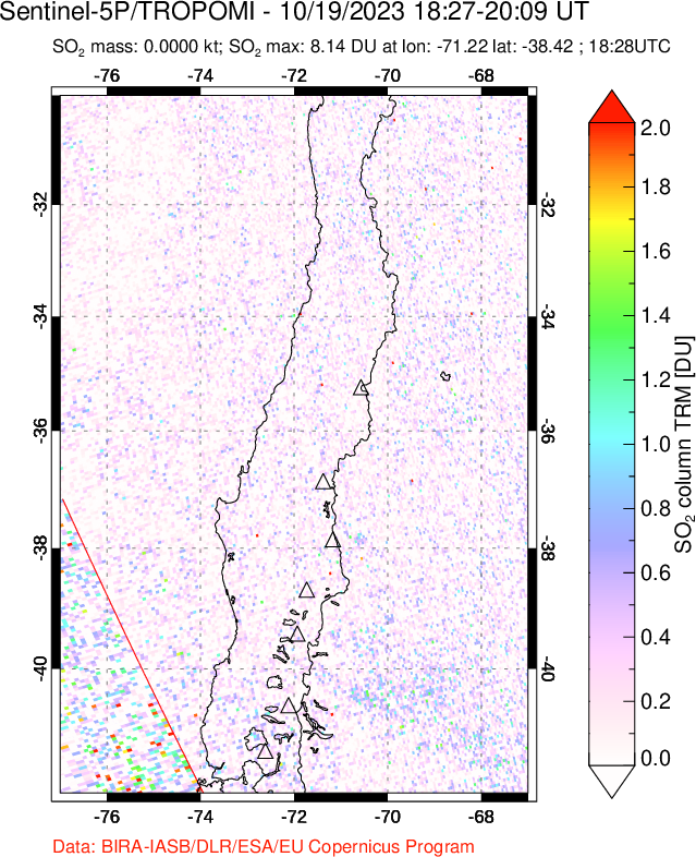 A sulfur dioxide image over Central Chile on Oct 19, 2023.