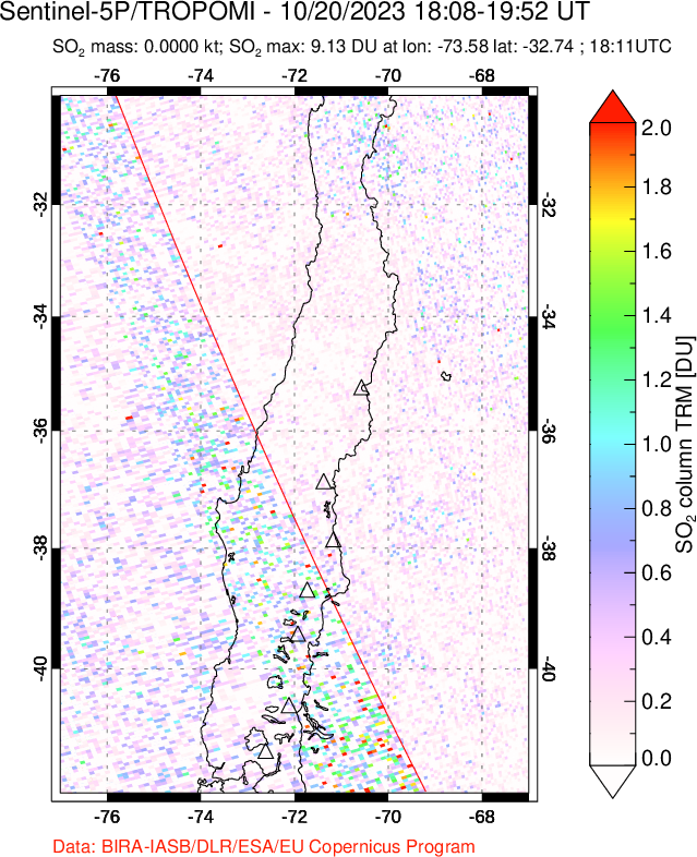 A sulfur dioxide image over Central Chile on Oct 20, 2023.