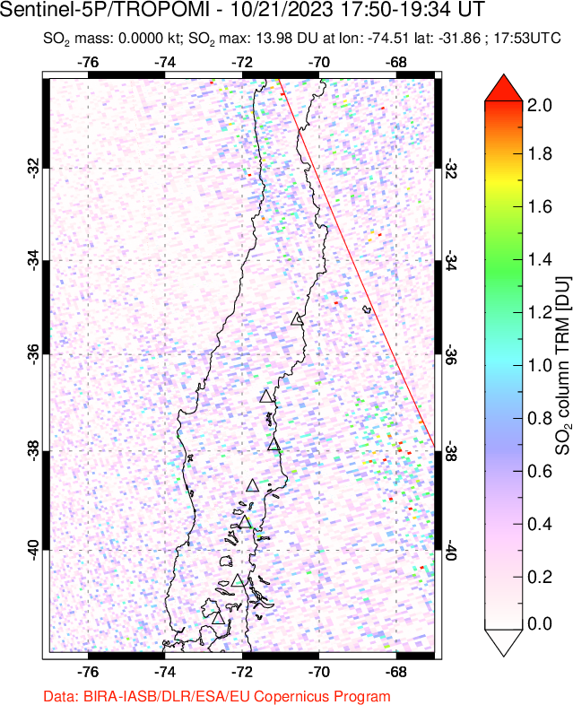 A sulfur dioxide image over Central Chile on Oct 21, 2023.