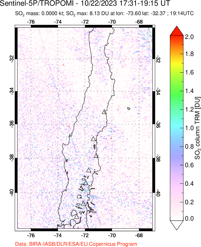 A sulfur dioxide image over Central Chile on Oct 22, 2023.