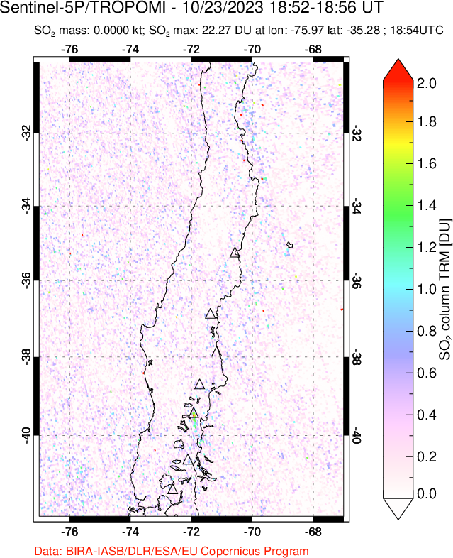 A sulfur dioxide image over Central Chile on Oct 23, 2023.