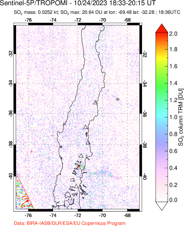 A sulfur dioxide image over Central Chile on Oct 24, 2023.