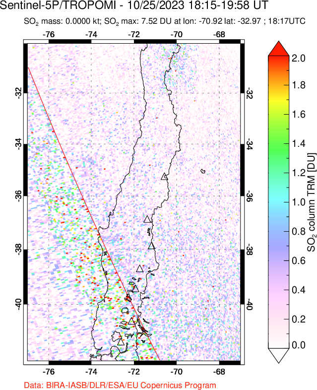 A sulfur dioxide image over Central Chile on Oct 25, 2023.