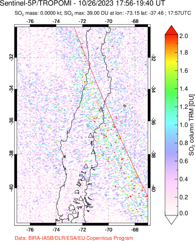 A sulfur dioxide image over Central Chile on Oct 26, 2023.