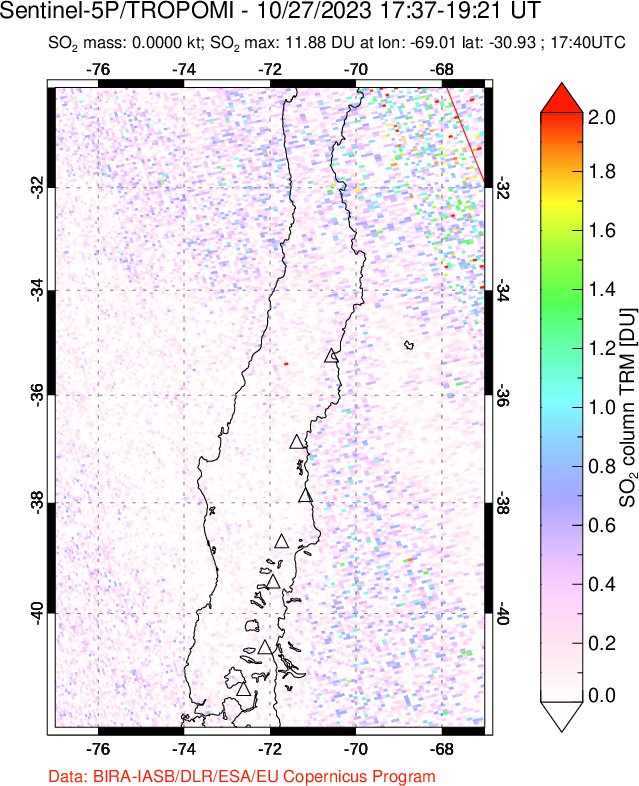 A sulfur dioxide image over Central Chile on Oct 27, 2023.