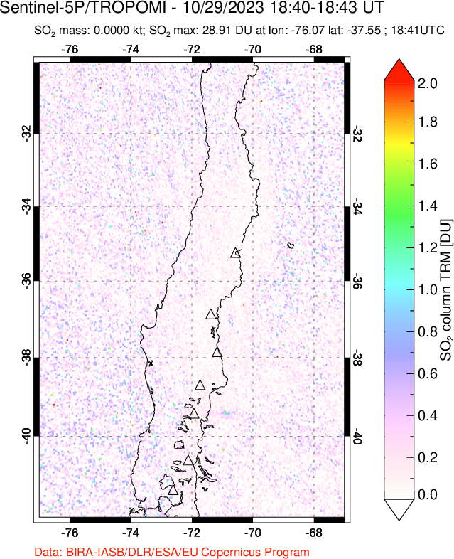 A sulfur dioxide image over Central Chile on Oct 29, 2023.