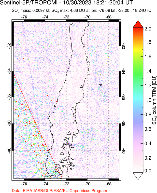 A sulfur dioxide image over Central Chile on Oct 30, 2023.