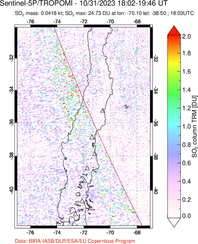 A sulfur dioxide image over Central Chile on Oct 31, 2023.