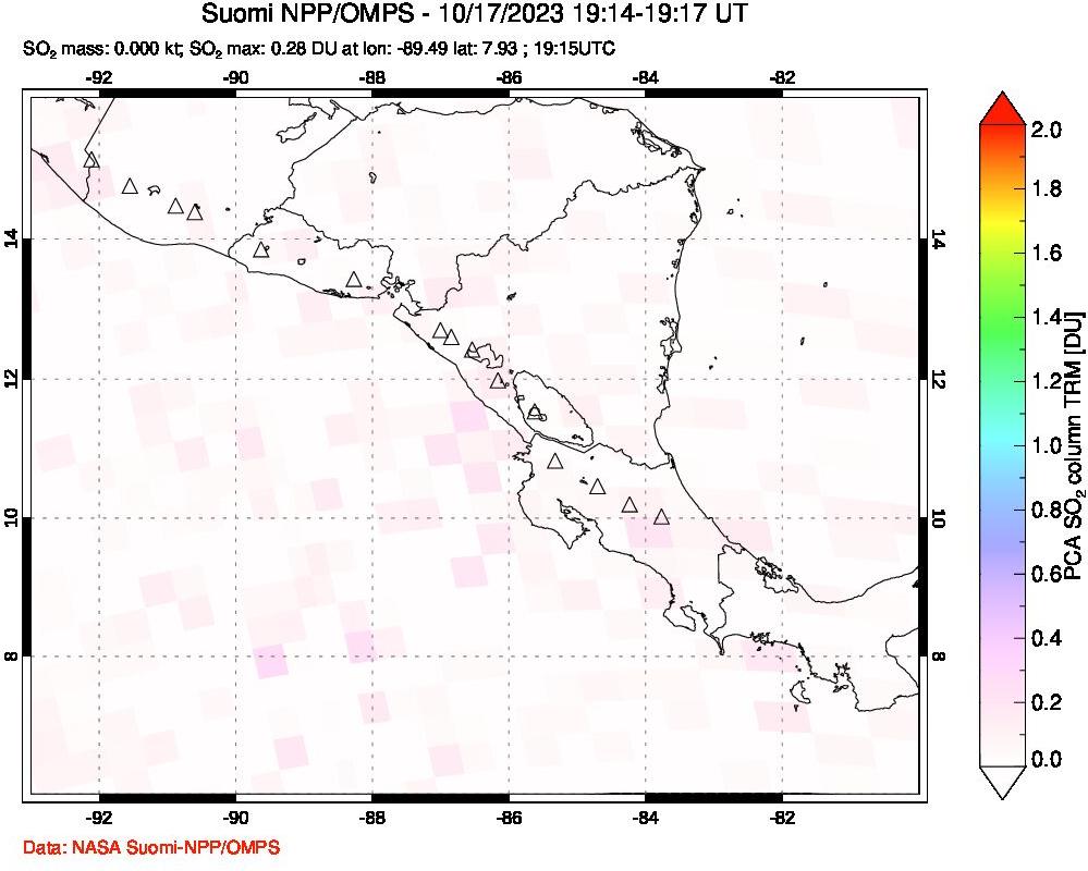 A sulfur dioxide image over Central America on Oct 17, 2023.