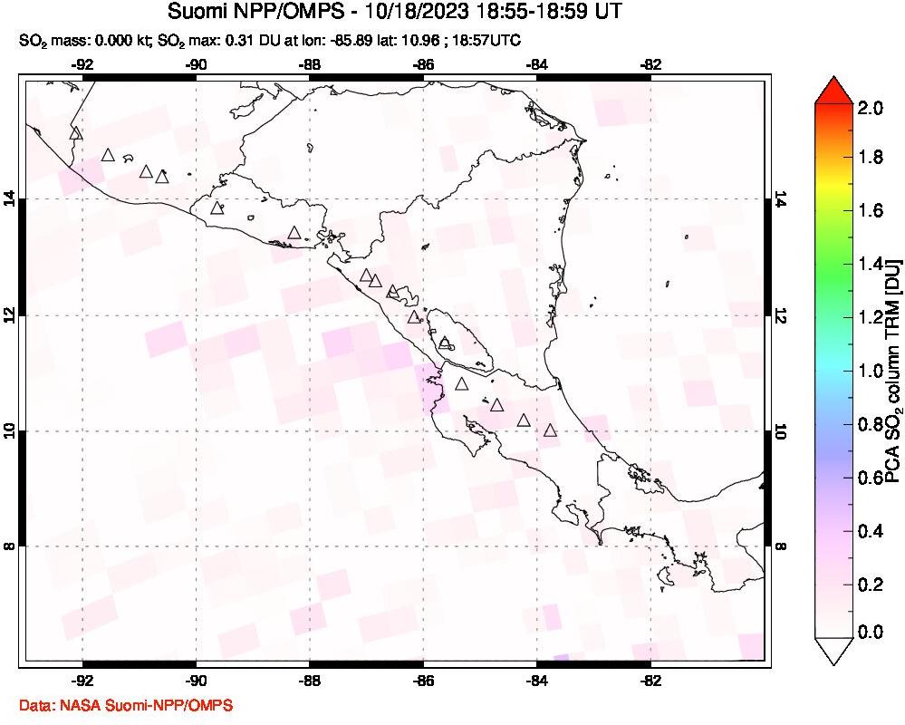 A sulfur dioxide image over Central America on Oct 18, 2023.
