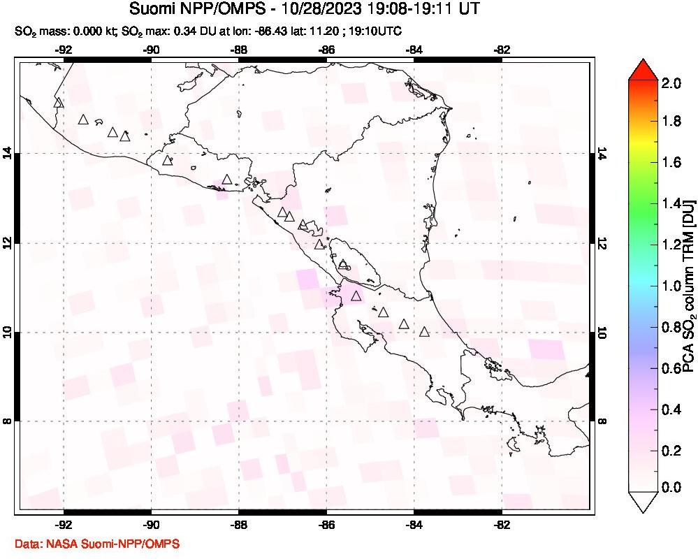 A sulfur dioxide image over Central America on Oct 28, 2023.