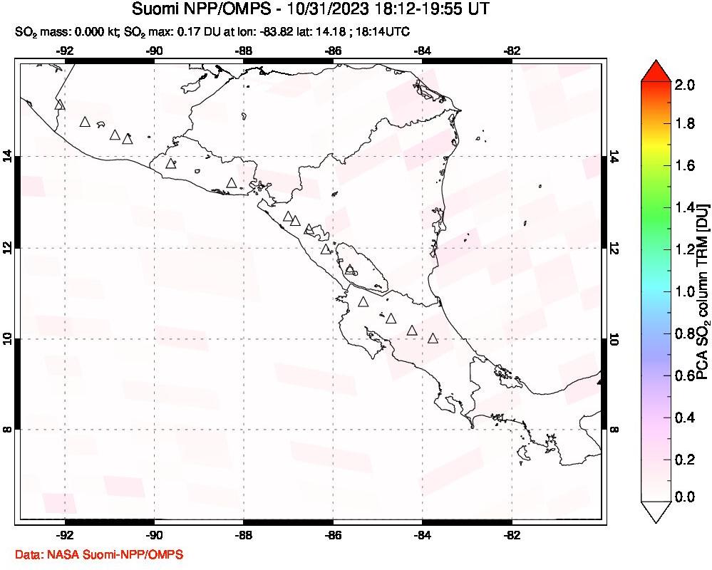 A sulfur dioxide image over Central America on Oct 31, 2023.
