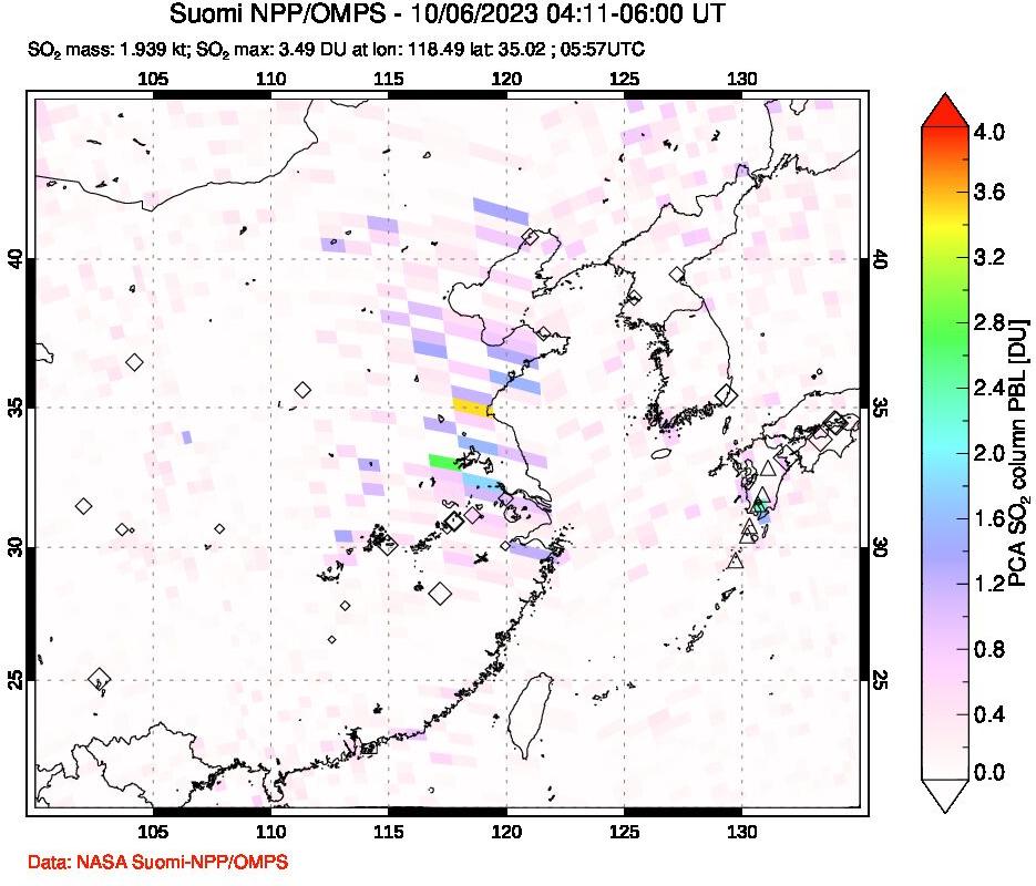A sulfur dioxide image over Eastern China on Oct 06, 2023.