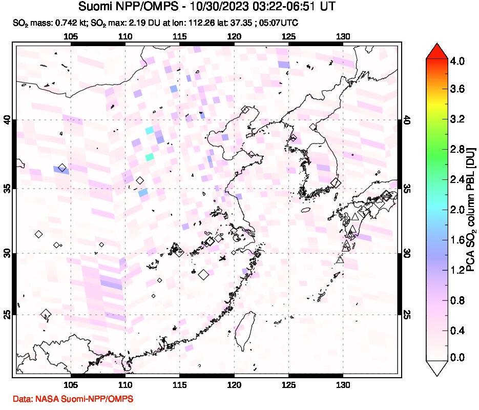 A sulfur dioxide image over Eastern China on Oct 30, 2023.