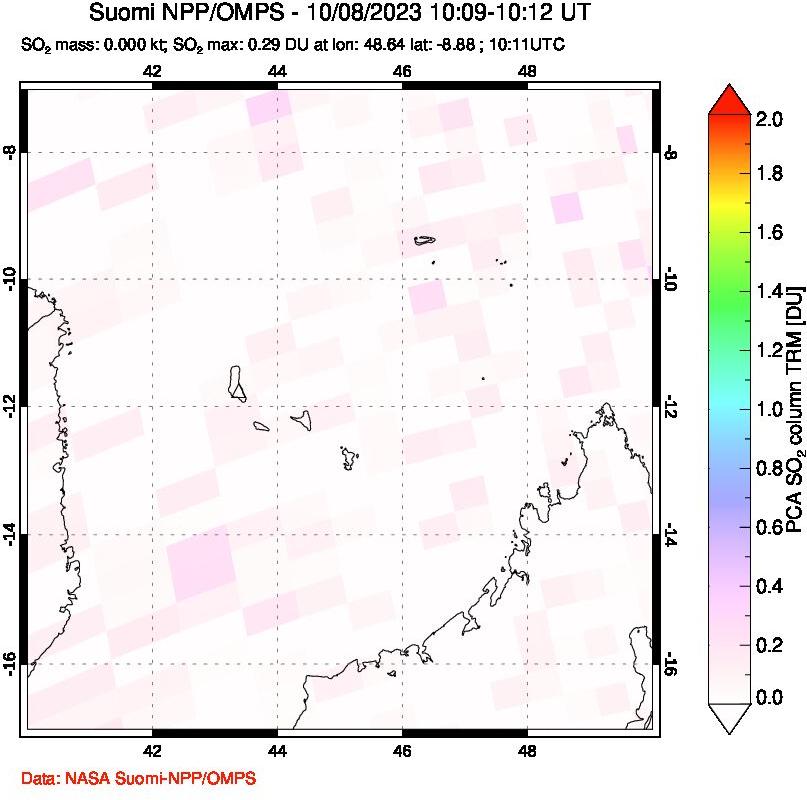 A sulfur dioxide image over Comoro Islands on Oct 08, 2023.