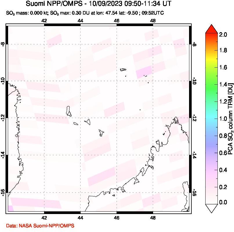 A sulfur dioxide image over Comoro Islands on Oct 09, 2023.