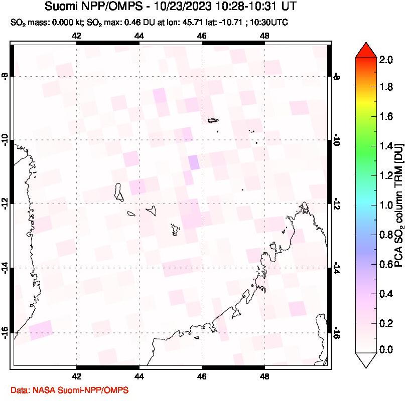 A sulfur dioxide image over Comoro Islands on Oct 23, 2023.