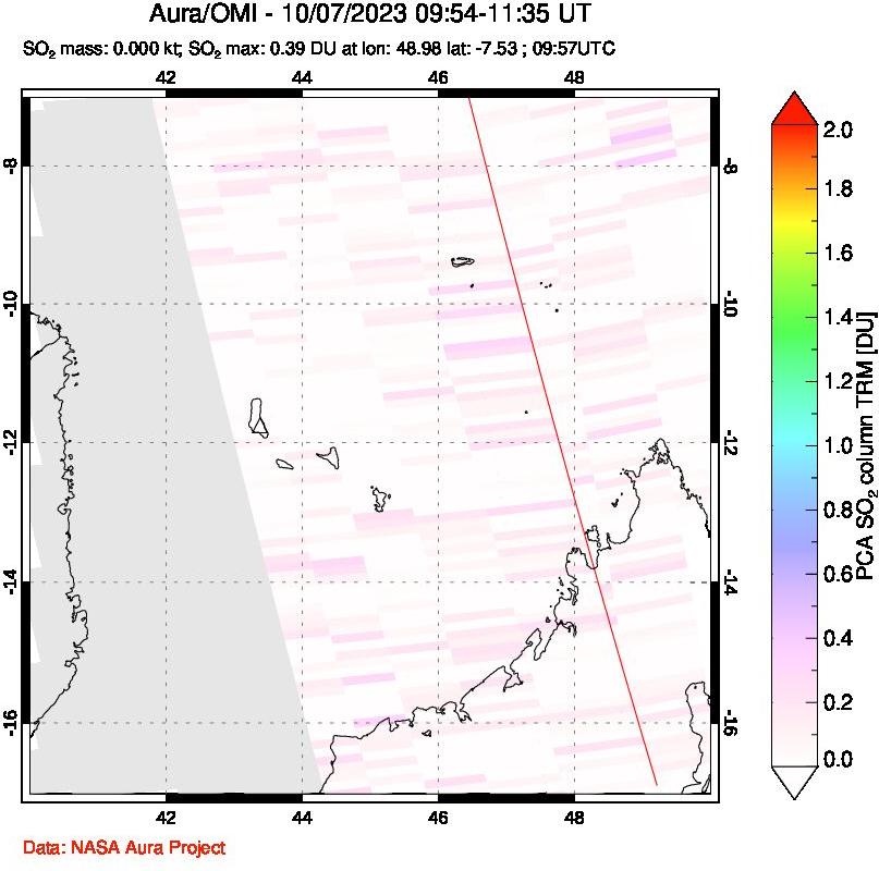 A sulfur dioxide image over Comoro Islands on Oct 07, 2023.