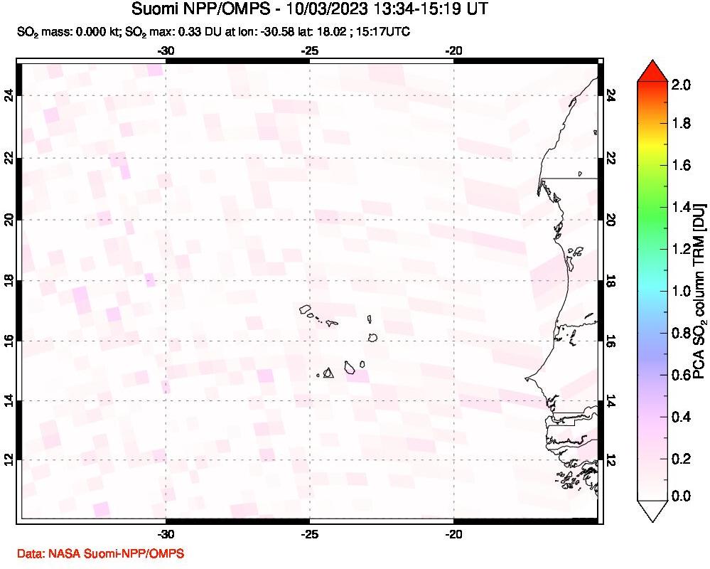 A sulfur dioxide image over Cape Verde Islands on Oct 03, 2023.