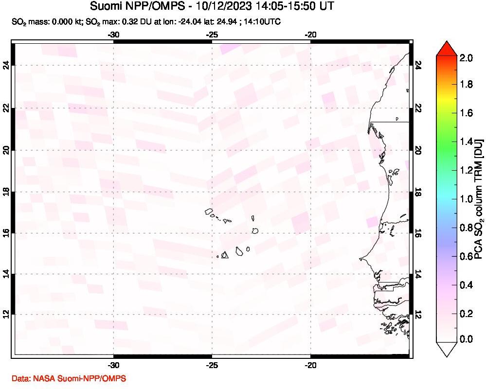 A sulfur dioxide image over Cape Verde Islands on Oct 12, 2023.