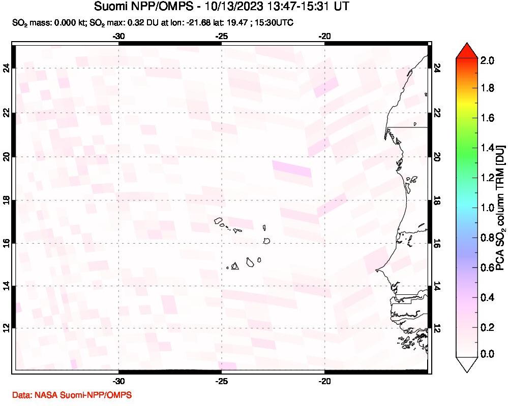 A sulfur dioxide image over Cape Verde Islands on Oct 13, 2023.