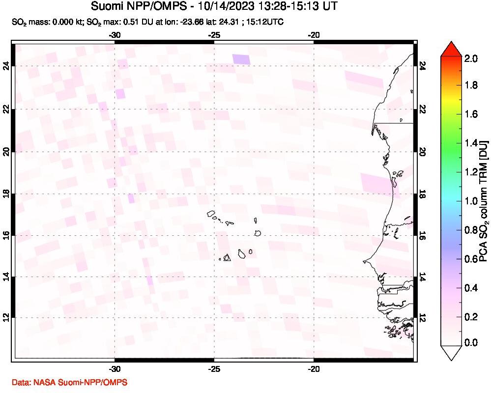 A sulfur dioxide image over Cape Verde Islands on Oct 14, 2023.