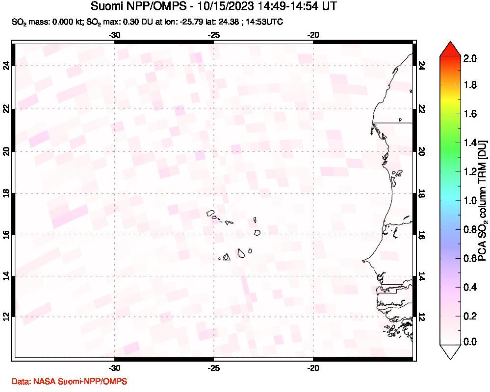 A sulfur dioxide image over Cape Verde Islands on Oct 15, 2023.