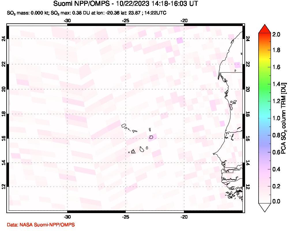 A sulfur dioxide image over Cape Verde Islands on Oct 22, 2023.