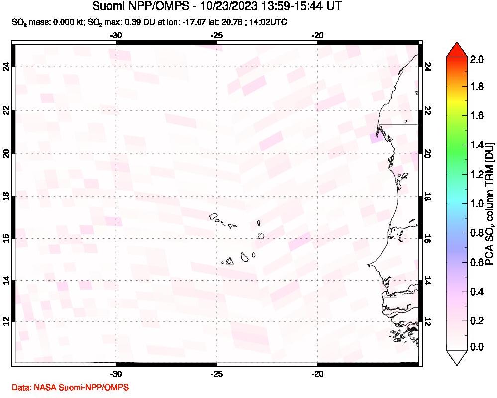 A sulfur dioxide image over Cape Verde Islands on Oct 23, 2023.