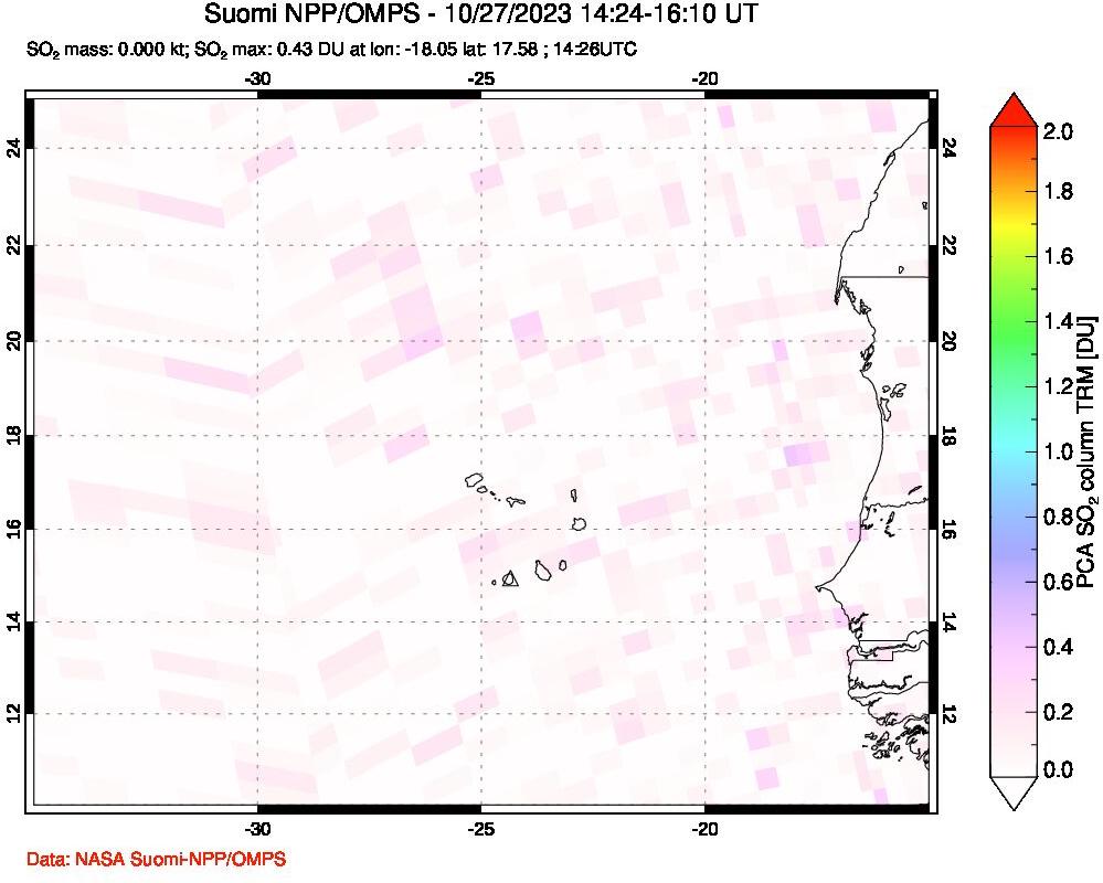 A sulfur dioxide image over Cape Verde Islands on Oct 27, 2023.