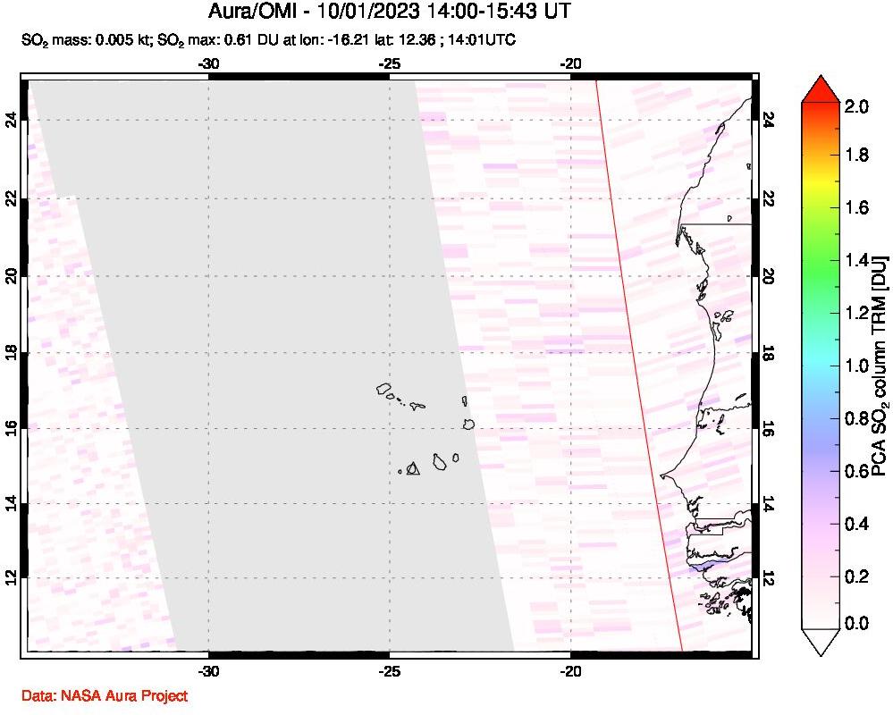 A sulfur dioxide image over Cape Verde Islands on Oct 01, 2023.