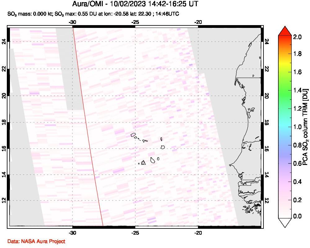 A sulfur dioxide image over Cape Verde Islands on Oct 02, 2023.