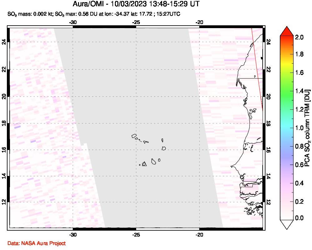 A sulfur dioxide image over Cape Verde Islands on Oct 03, 2023.