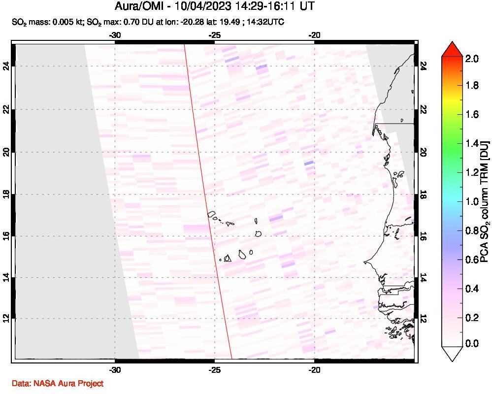 A sulfur dioxide image over Cape Verde Islands on Oct 04, 2023.