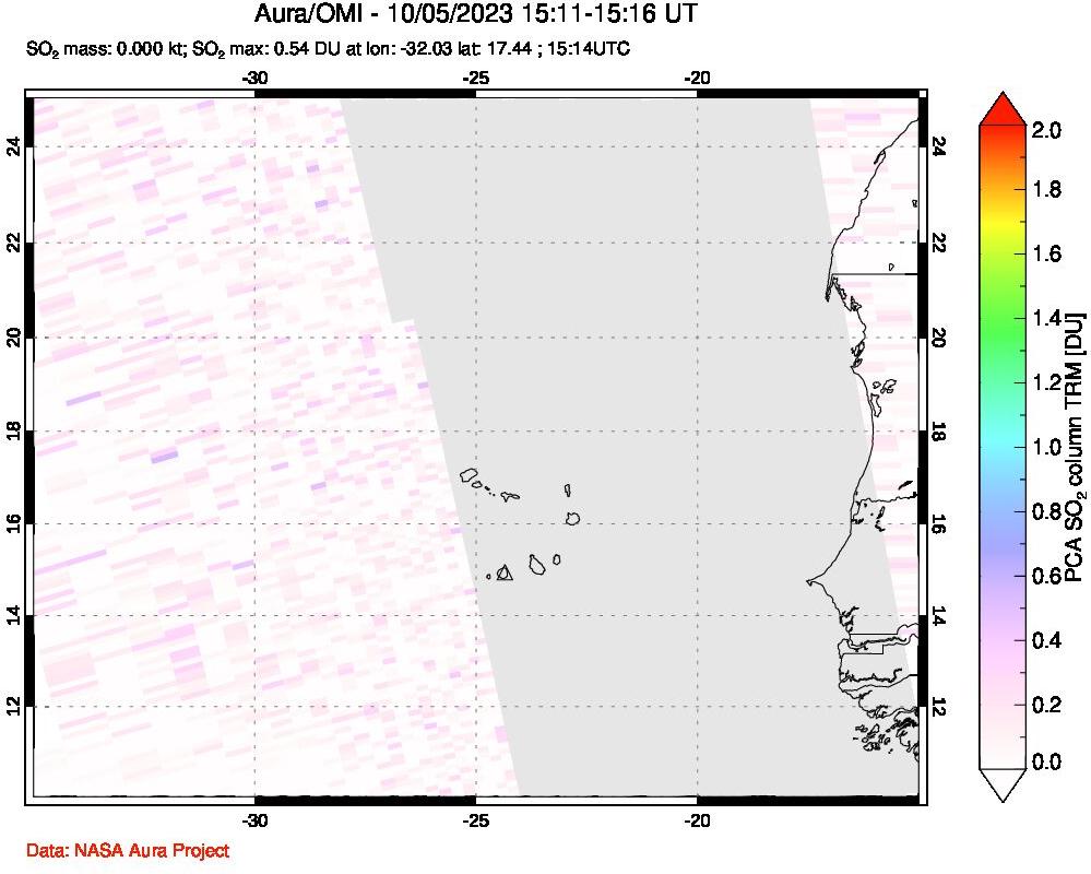 A sulfur dioxide image over Cape Verde Islands on Oct 05, 2023.