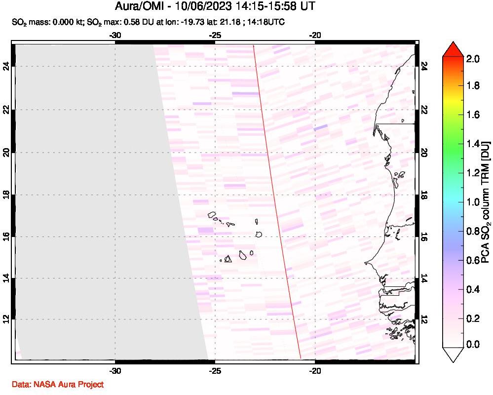 A sulfur dioxide image over Cape Verde Islands on Oct 06, 2023.