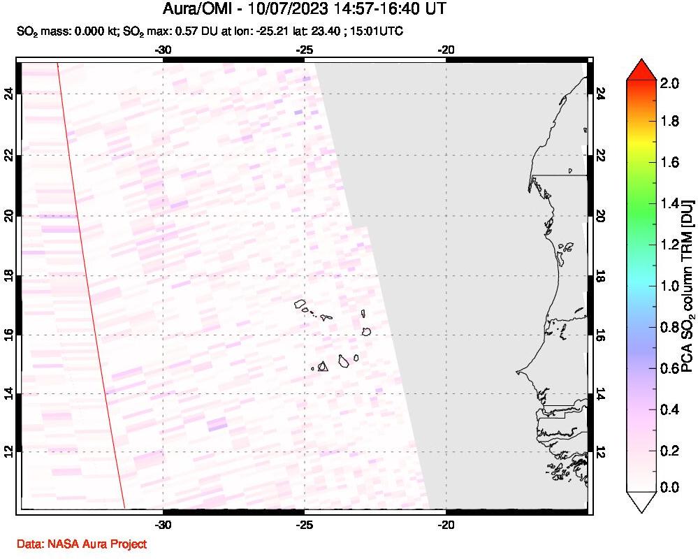 A sulfur dioxide image over Cape Verde Islands on Oct 07, 2023.