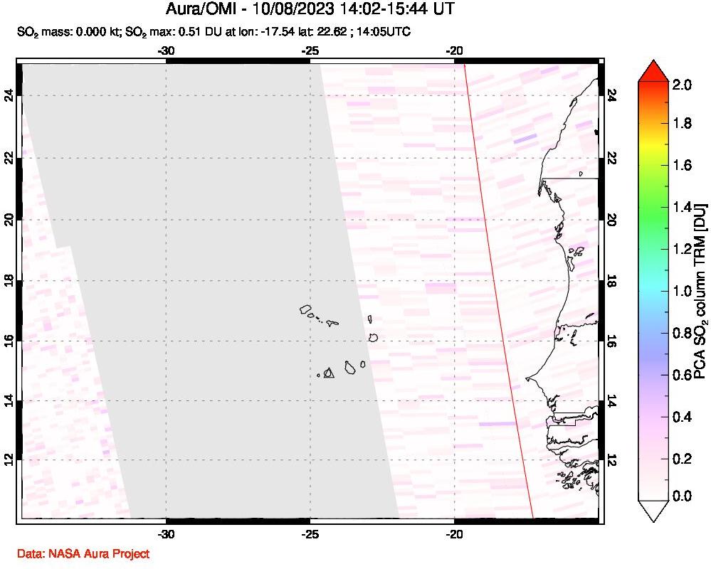 A sulfur dioxide image over Cape Verde Islands on Oct 08, 2023.