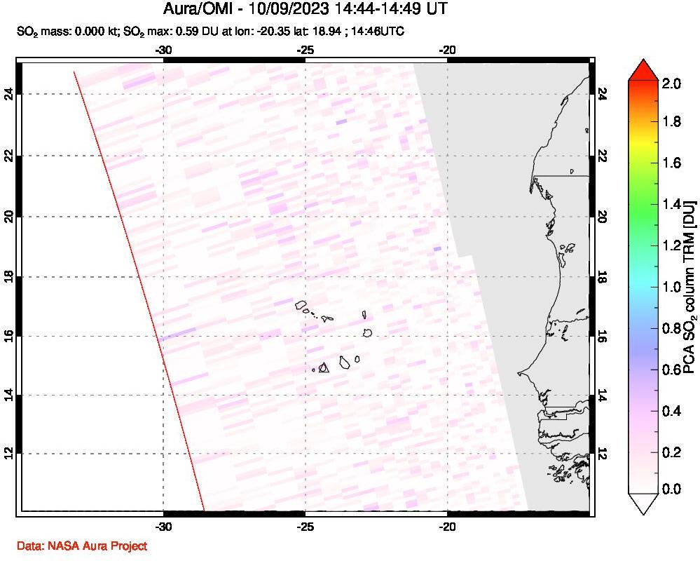 A sulfur dioxide image over Cape Verde Islands on Oct 09, 2023.